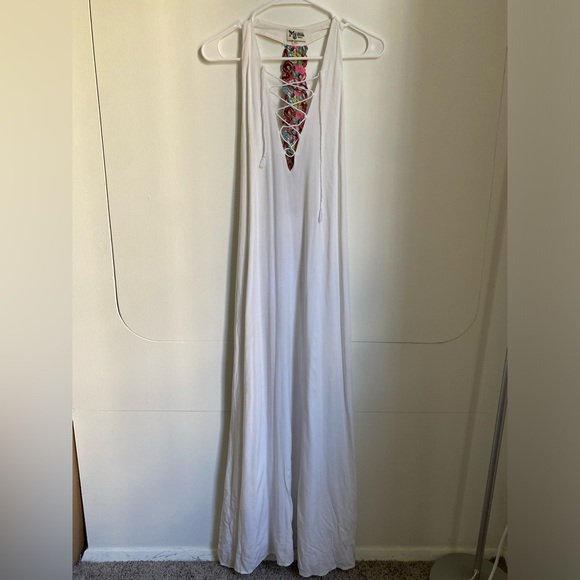 Show me your Mumu Voyage White Lace Up V Neck Halter Maxi Dress S - Picture 2 of 6